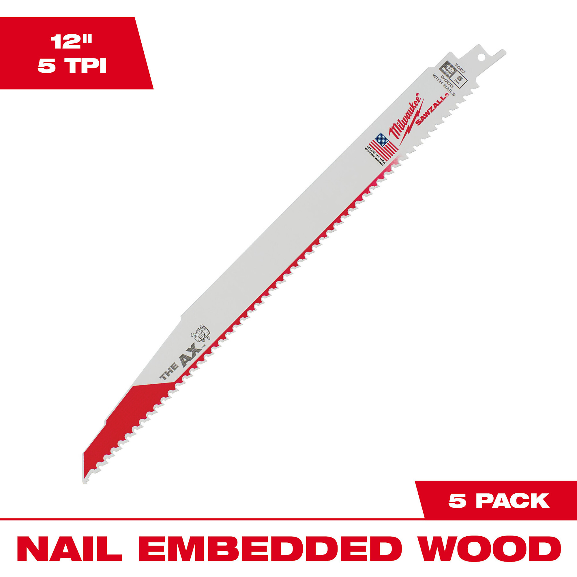 Milwaukee Replacement Reciprocating Sawzall Blades, 12in.L, 5/8 TPI, Model# 48-00-5027